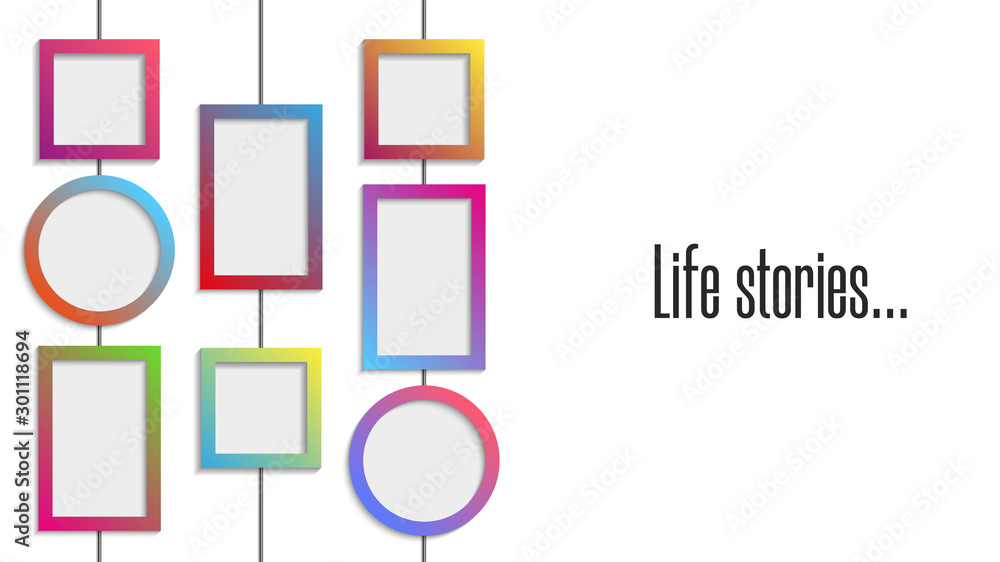 Fototapeta premium Collage of empty gradient colour wall frames circular, square and rectangular geometric shapes hanging on ropes realistic vector illustration for memories picture or life stories album