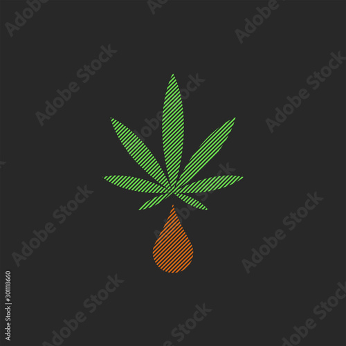 Medical cannabis oil logo striped stencil print t-shirt, green hemp leaf and a drop of extracted CBD oil icon.