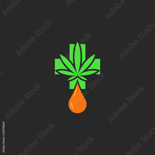 Сannabis leaf and green cross CBD drop oil logo mockup, medical marijuana emblem