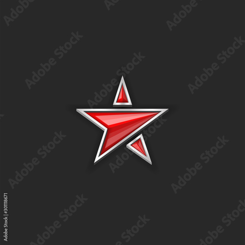 Logo red star, plastic or glass five-pointed shape 3d vector object on the black background