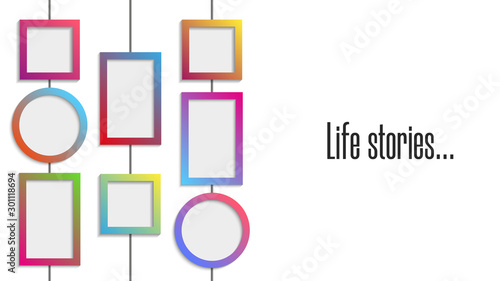 Collage of empty gradient colour wall frames circular, square and rectangular geometric shapes hanging on ropes realistic vector illustration for memories picture or life stories album