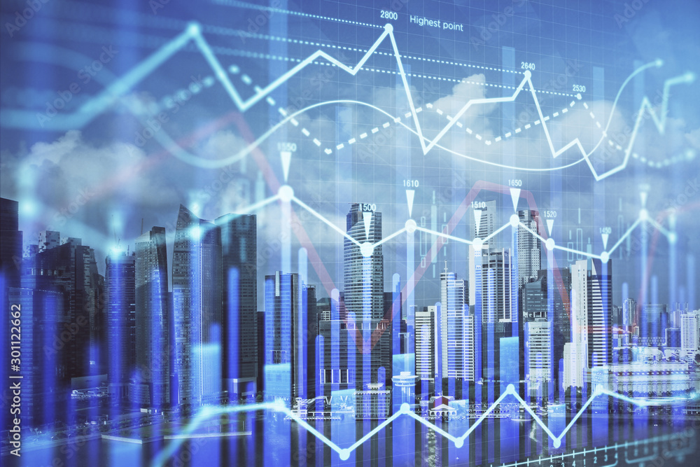 Forex chart on cityscape with skyscrapers wallpaper multi exposure. Financial research concept. Forex chart on cityscape with skyscrapers wallpaper multi exposure. Financial research concept.