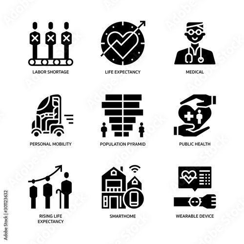 Ageing Society icons set