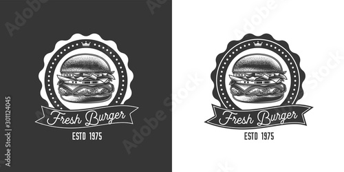 Original monochrome vector logo of the fast food. Burger with cutlet, tomatoes and herbs in vintage style.