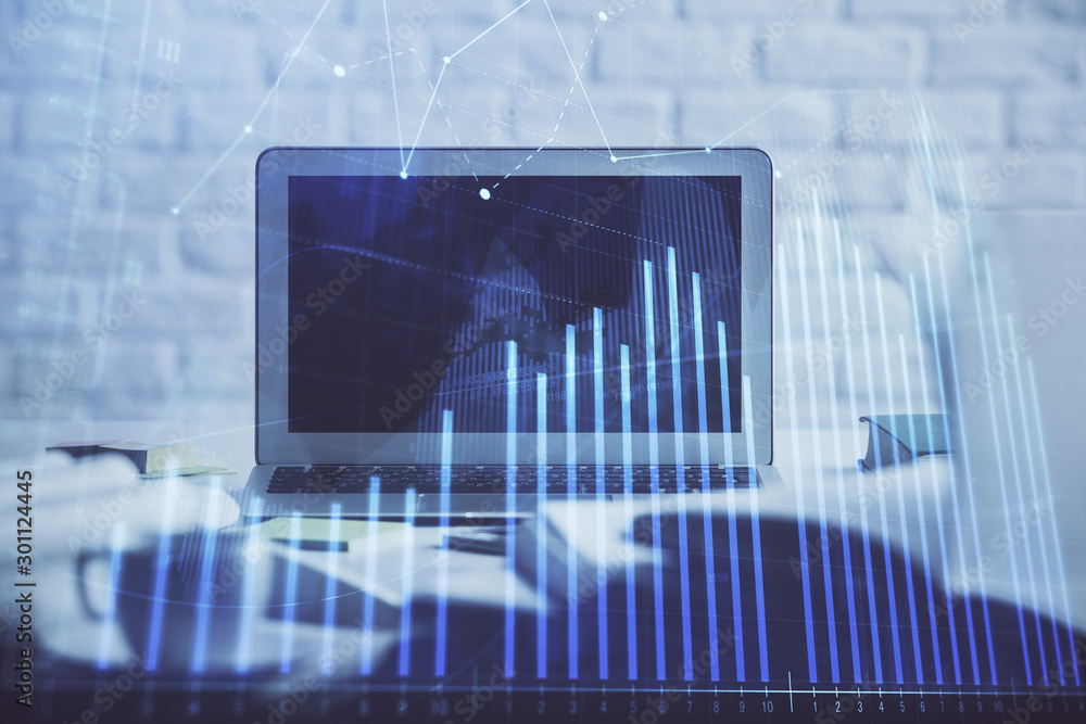 Stock market graph on background with desk and personal computer. Multi exposure. Concept of financial analysis. Stock market graph on background with desk and personal computer. Multi exposure. Concept of financial analysis.