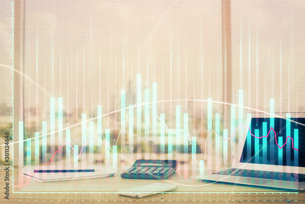 Forex Chart hologram on table with computer background. Multi exposure. Concept of financial markets. Forex Chart hologram on table with computer background. Multi exposure. Concept of financial markets.