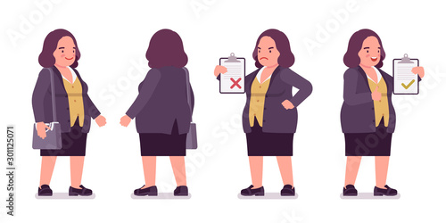 Chubby woman standing. Overweight fat shape. Middle aged lady, kind civil service worker. Curvy, voluptuous body type, big women fashion, plus size formal wear. Vector flat style cartoon illustration