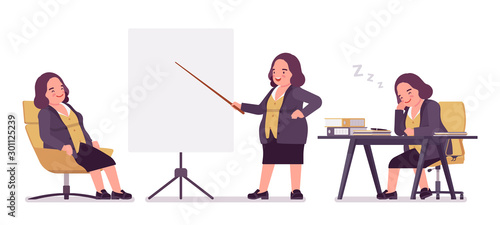 Chubby woman in a business office. Overweight middle aged lady, kind civil service worker. Curvy, voluptuous body type, big women fashion, plus size formal wear. Vector flat style cartoon illustration