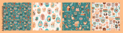 Vector seamless patterns with easter symbols and folk flowers.