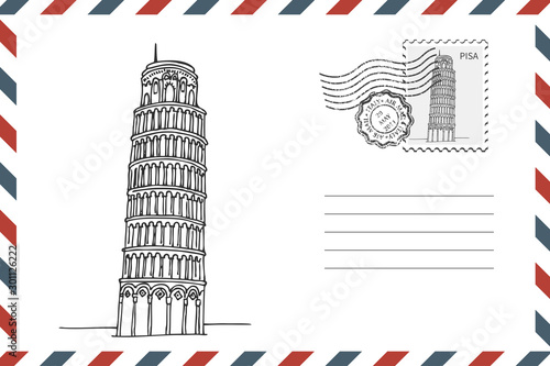 Envelope with hand drawn Leaning Tower of Pisa