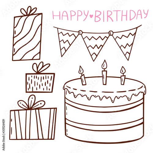 Birthday illustrated outline elements. Presents and cake. Greeting card decoration for birthday. Coloring book decorations.