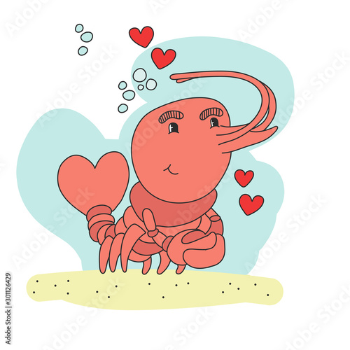 Cartoon shrimp with thumbs up hand sign. Vector clip art illustration with simple gradients. All in a single layer.