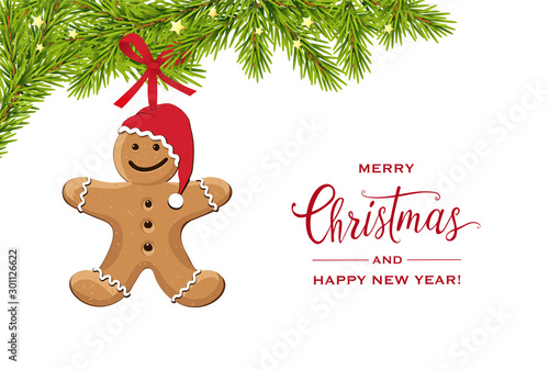 Weihnachtskarte mit Tannenzweige, Sterne und Lebkuchenmann, Vektor Illustration isoliert auf weißem Hintergrund