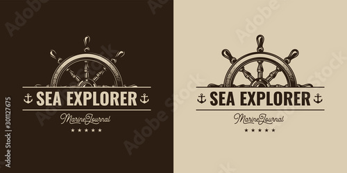 Original monochrome vector emblem of a ship steering wheel in vintage style.