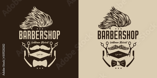 Monochrome vector logo of a hairdressing salon in vintage style. Stylish hairstyle and mustache with text composition, hairdressing scissors, straight razor.