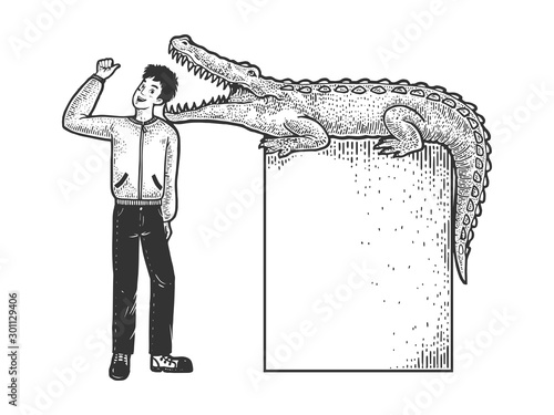 Optimistic man puts his head in jaws of crocodile person sketch engraving vector illustration. T-shirt apparel print design. Scratch board style imitation. Black and white hand drawn image.