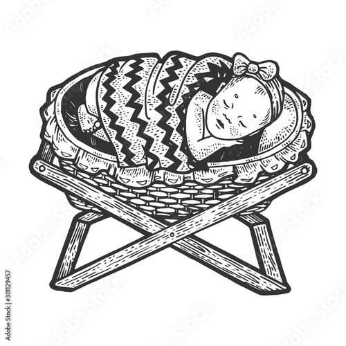 Baby sleeps in the cradle sketch engraving vector illustration. T-shirt apparel print design. Scratch board imitation. Black and white hand drawn image.