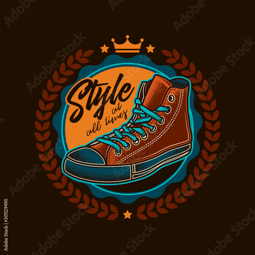Original vector emblem of vintage sneakers in retro style.