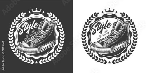 Original monochrome vector emblem of vintage sneakers in retro style.