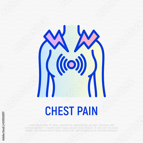 Chest pain thin line icon. Heart attack, bronchitis or asthma. Modern vector illustration.