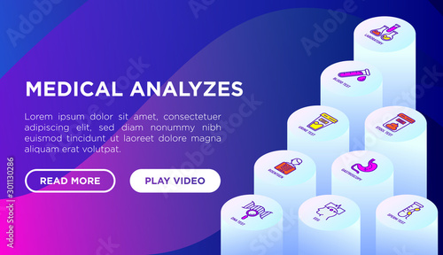 Medical analyzes web page template with thin line isometric icons: blood test, urine test, stool, ECG, mammography, sperm, DNA, ultrasound, EEG, X-ray. Vector illustration for laboratory or clinic.