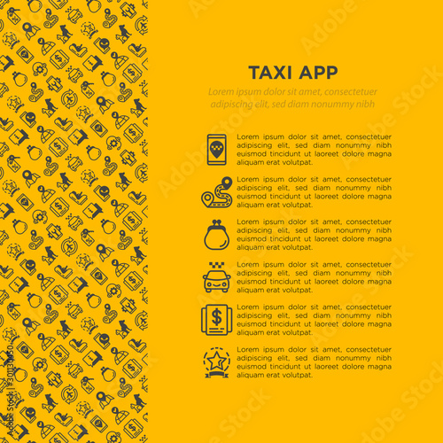 Taxi app concept with thin line icons: payment method, promocode, app settings, info, support service, phone number, route, destination, airport transfer, baby seat. Vector illustration.