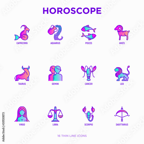 Horoscope thin line icons set. Zodiac signs: capricorn, aquarius, aries, pisces, virgo, libra, scorpio, sagittarius, taurus, gemini, leo. Modern vector illustration.