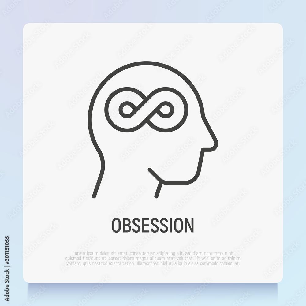 Obsession thin line icon: Infinity symbol in human head. Mental health. Fixated thinking. Modern vector illustration. Obsession thin line icon: Infinity symbol in human head. Mental health. Fixated thinking. Modern vector illustration.