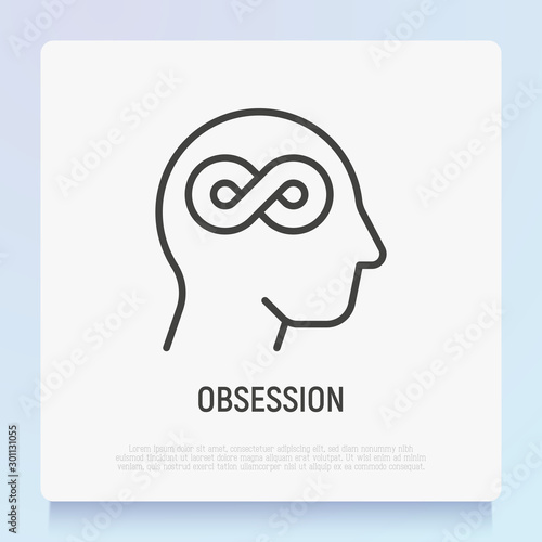 Obsession thin line icon: Infinity symbol in human head. Mental health. Fixated thinking. Modern vector illustration.