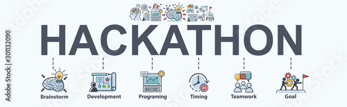 Hackathon technology banner concept with team working together on programming, web developers, designers, project managers, brainstorm and development. Minimal vector infographic.