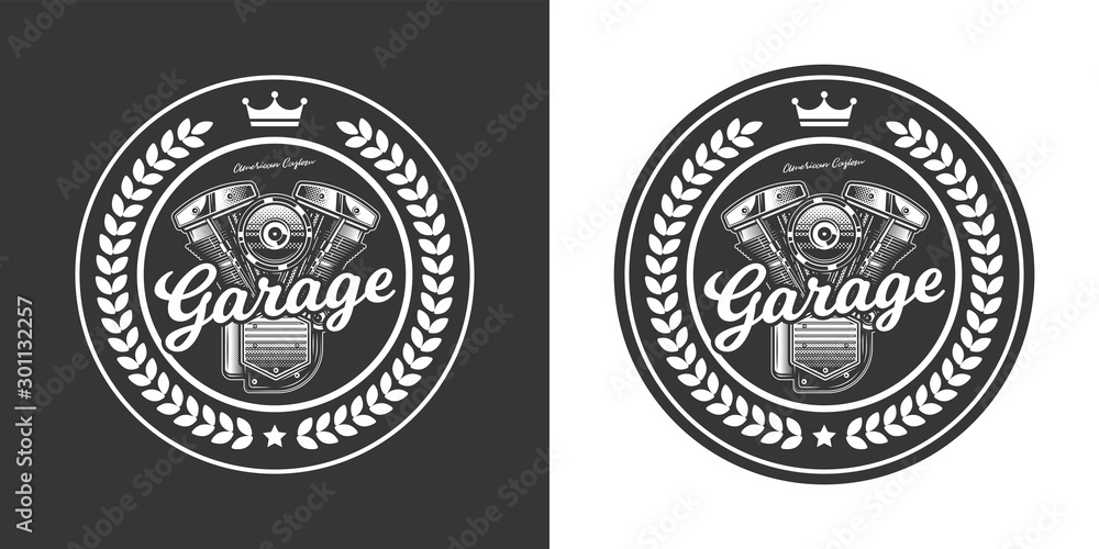 Original monochrome vector emblem of motorcycle engine in retro style.
