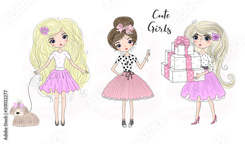Hand drawn beautiful cute girl with an inscription pretty girl. Vector illustration.