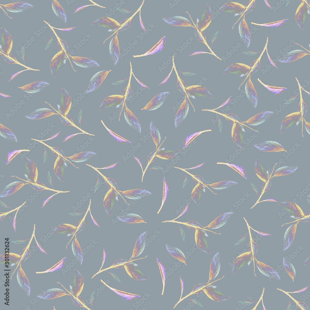Green tea leaves. Watercolor seamless pattern. Pastel gray, yellow and brown colors. Botanical background.