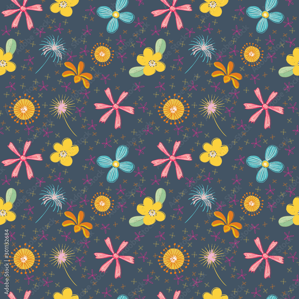 Seamless floral pattern. Colorful vector design. Perfect for textile, wrapping paper and scrapbooking.