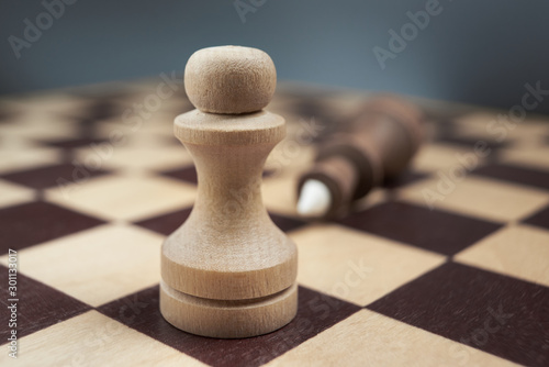White chess pawn defeated black king. The concept of never giving up. Background in blur.