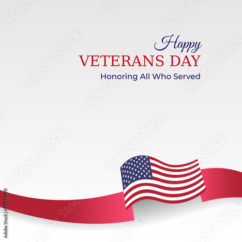 Happy veterans day banner. Waving american flag on light background. US national day november 11. Poster, typography design, vector illustration