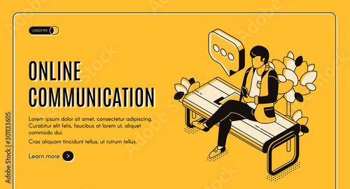 Online communication isometric landing page, man sitting on bench in park chatting in social media networks messenger, reading news on mobile phone. Networking 3d vector web banner template, line art