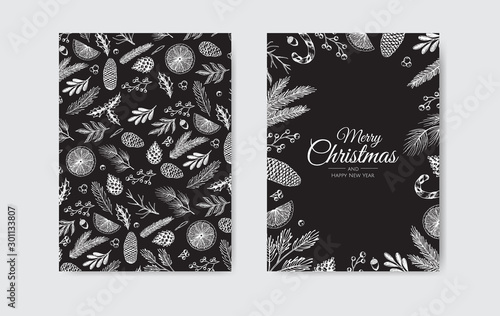 Christmas frame with winter plants. Botanical illustration.