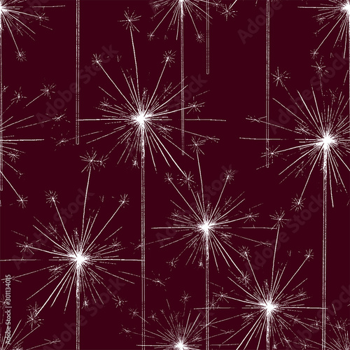 Vector background. Bengal or indian light sparkler, Bright sparks , Bengal fire firework isolated. Salute seamless pattern for celebration of holidays and parties, weddings and birthdays. Sketch style