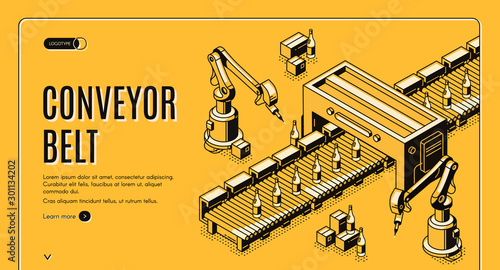 Factory conveyor belt isometric landing page. Robotic arms packing milk bottles production on transporter line. Automation, smart industrial robot assistants. 3d vector illustration, line art, banner.