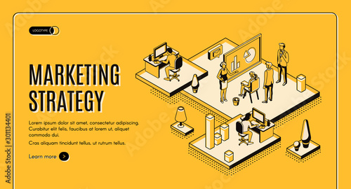 Marketing strategy isometric web banner, financial analytic company, agency working process in office, business people planning, analyzing data, doing presentation, 3d vector landing page, line art