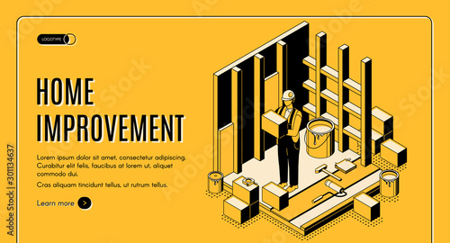 Home improvement isometric landing page. Construction repair service worker with tools make house renovation paint walls. Engineering architect building company 3d vector web banner template, line art