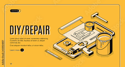 Diy repair isometric landing page, engineering construction service tools for house renovation on huge mobile phone screen. Architect building company service, 3d vector web banner template, line art