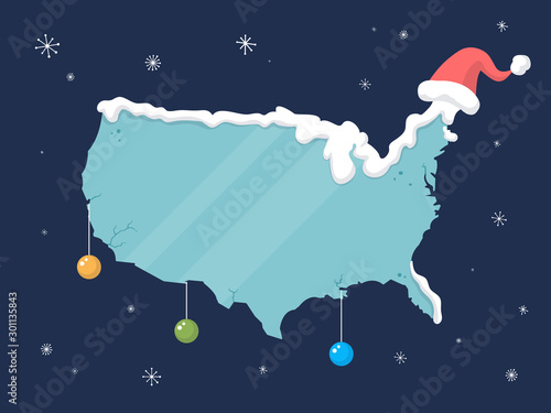 Frozen ice map of the United States of America decorated with Christmas ornaments and Santa Claus hat with winter snowflakes in background vector illustration in vintage cartoon style