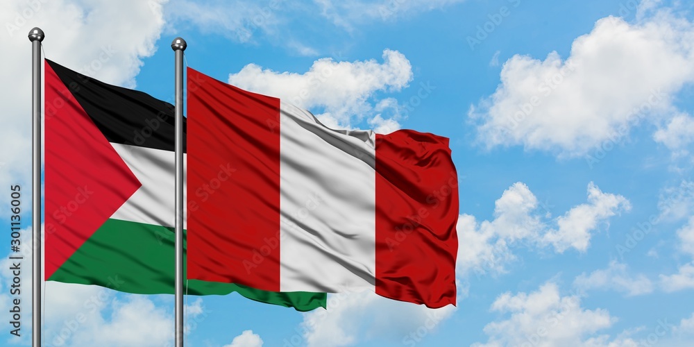 Palestine and Peru flag waving in the wind against white cloudy blue sky together. Diplomacy concept, international relations.