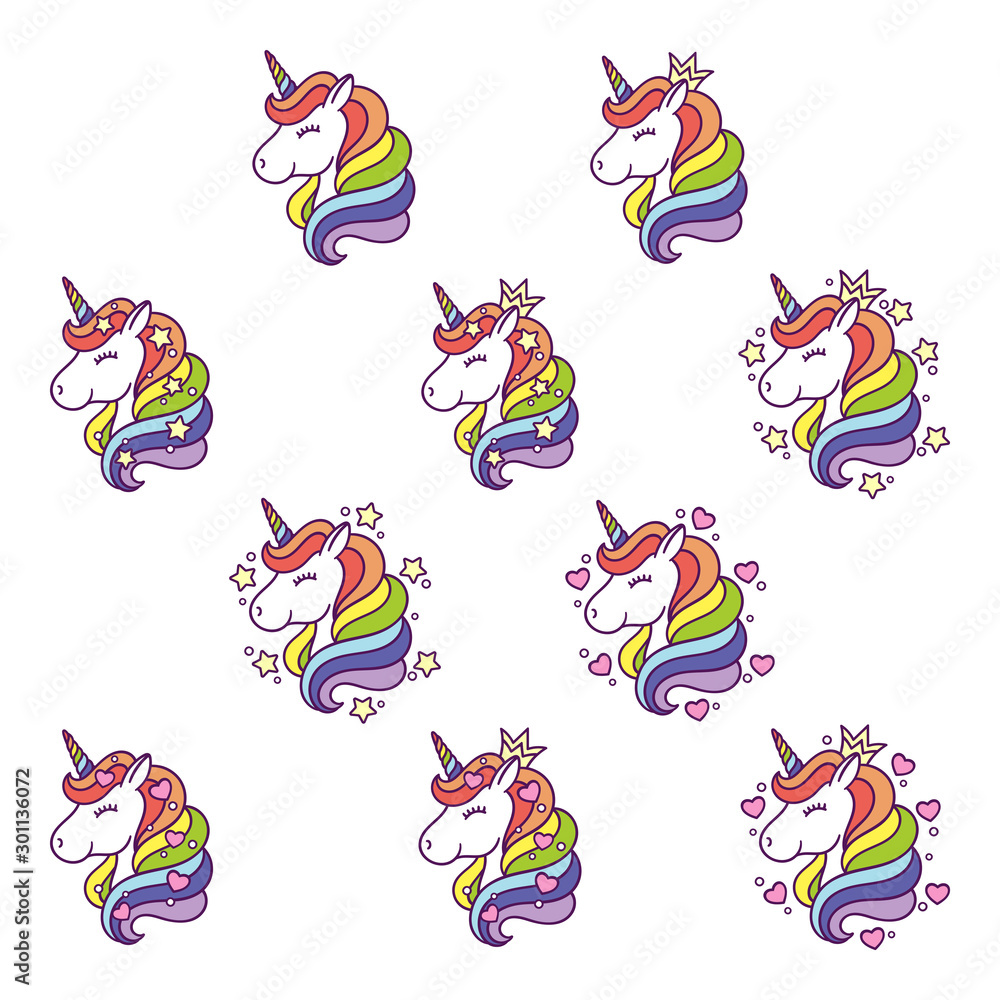 Obraz premium Unicorn head set with stars and hearts.