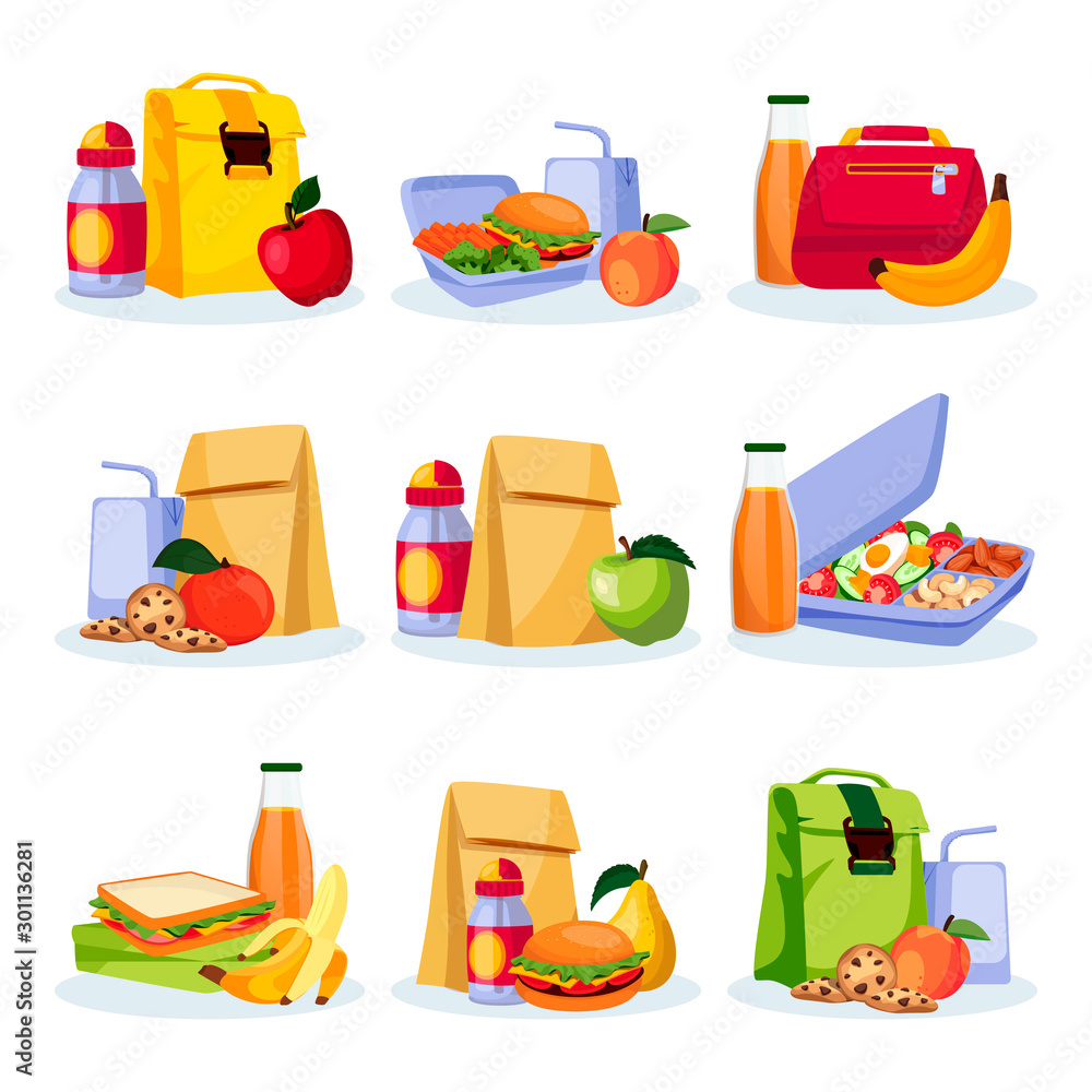 Kids school healthy lunch and snacks. Vector flat cartoon illustration