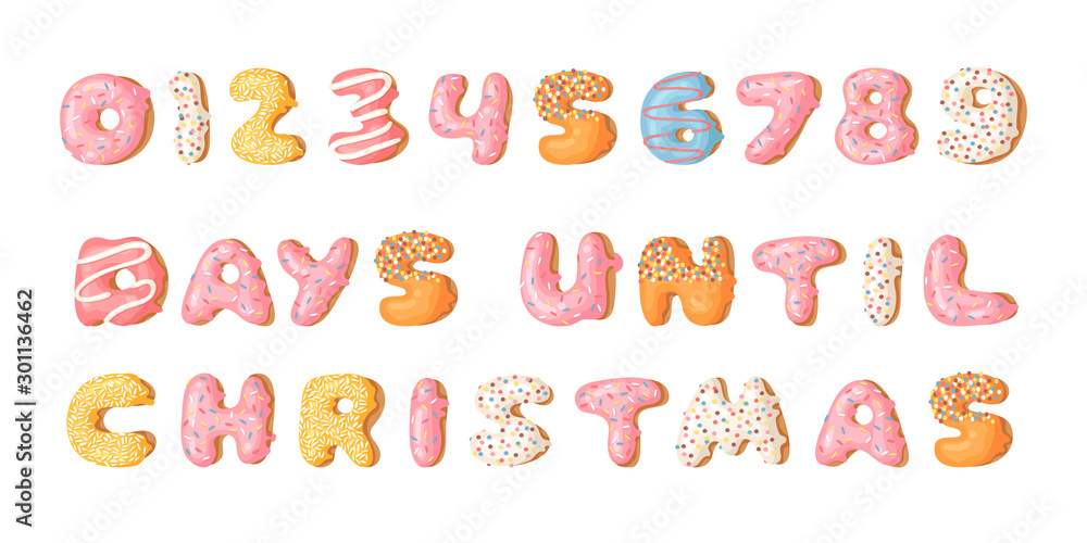 Cartoon vector illustration donut. Hand drawn drawing sweet bun. Actual Creative art work bake and word  DAYS UNTIL CHRISTMAS and numbers