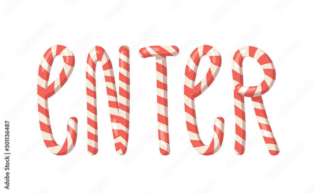 Cartoon vector illustration Christmas Candy Cane. Hand drawn font. Actual Creative Holidays sweet alphabet and word ENTER