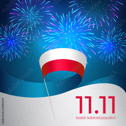 Banner november 11, poland independence day, vector template of the polish flag. Blue background with fireworks and waving flag. National holiday. Translation: November 11, Independence Day of Poland